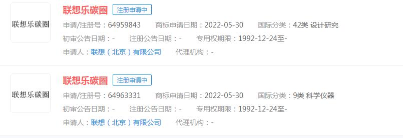 聯(lián)想申請“聯(lián)想樂碳圈”商標，目前狀態(tài)顯示申請中