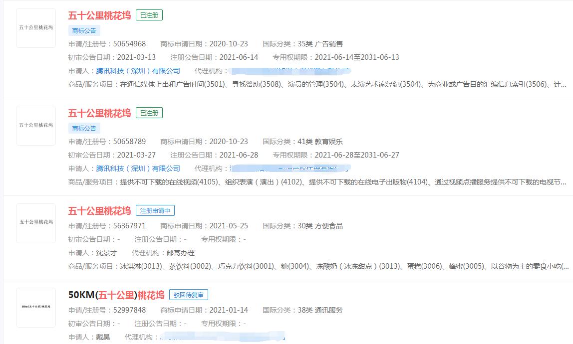 騰訊成功注冊(cè)“五十公里桃花塢”商標(biāo)，分類(lèi)涉及教育和廣告